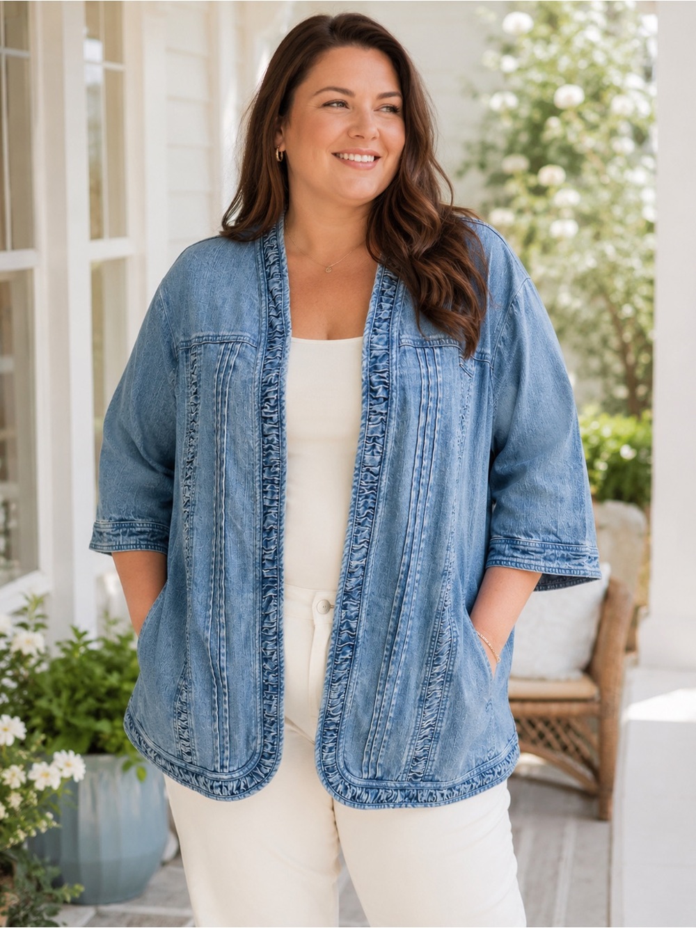 Liz & Me 3X 26/28W Ruffle Trim Denim Jacket Light Wash Pintuck Boho Lagenlook